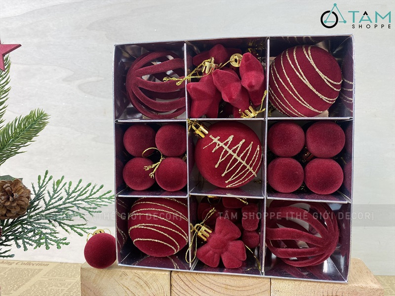 Hộp 35 phụ kiện châu nhung Đỏ phun kim tuyến Vàng [Nhiều kiểu - ĐK 3-6cm] PKT-X-08